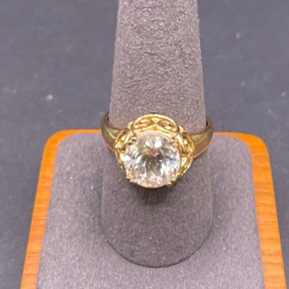 Vintage 925 Sterling Silver Gold Vermeil Clear CZ Solitaire Ring Size 9.75